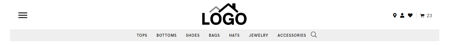 Header Store – logo, hamburger, search, cart, icons, cat nav